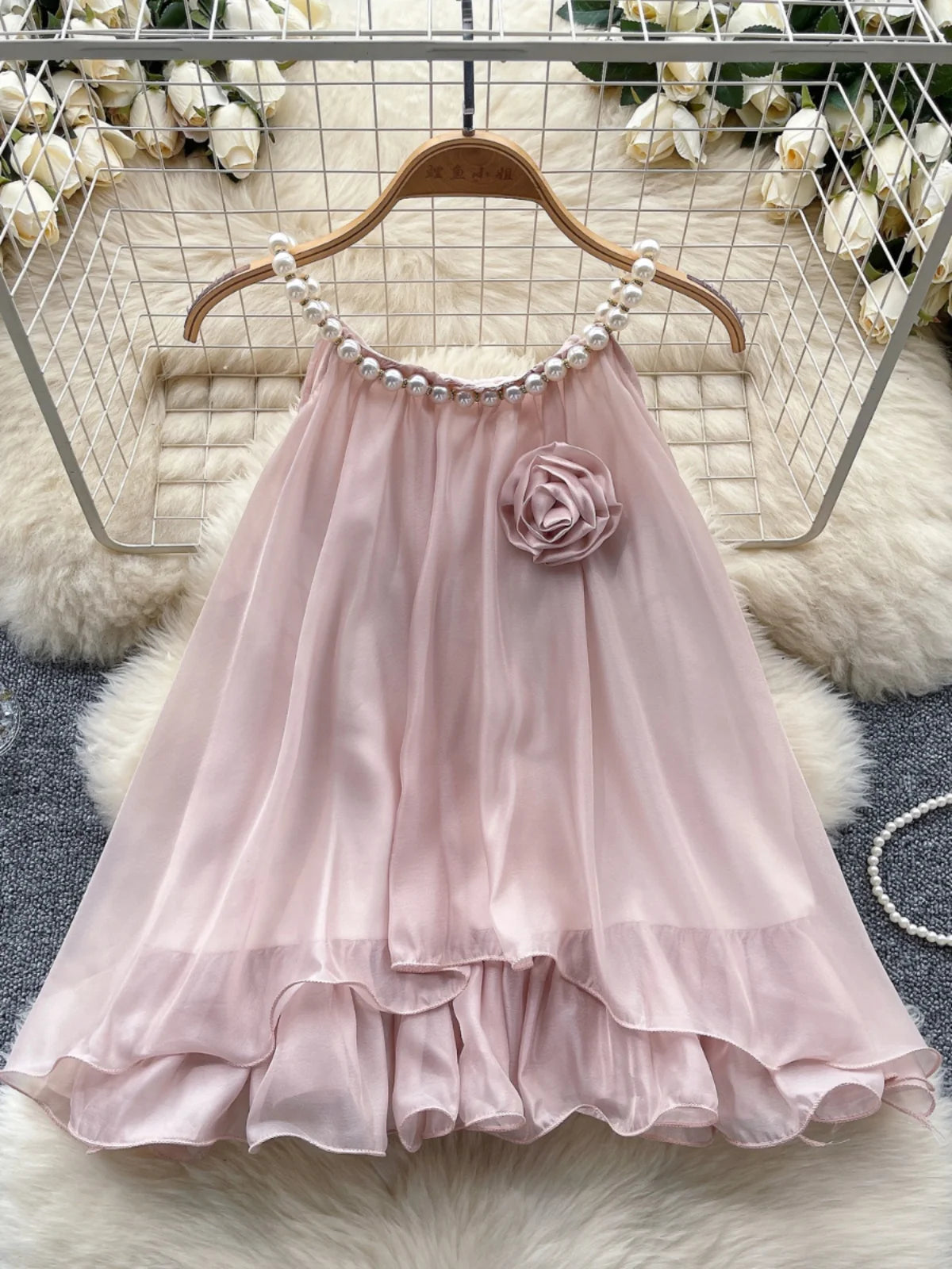 Elegant Pink Chiffon Dress With Pearl Straps on Luulla