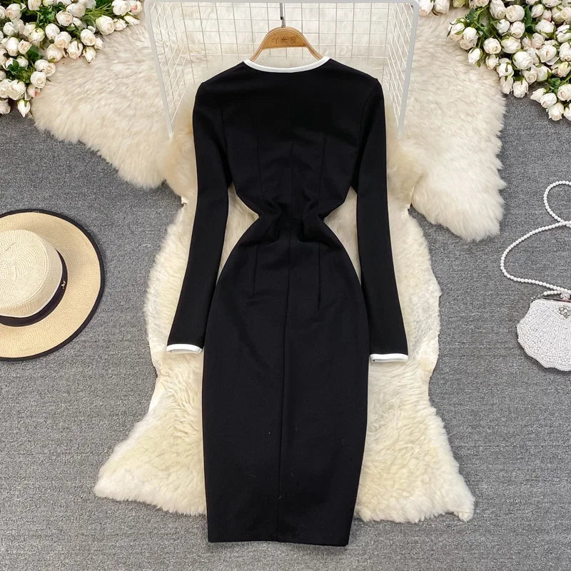 Elegant Black Zipper Front Bodycon Midi Dress