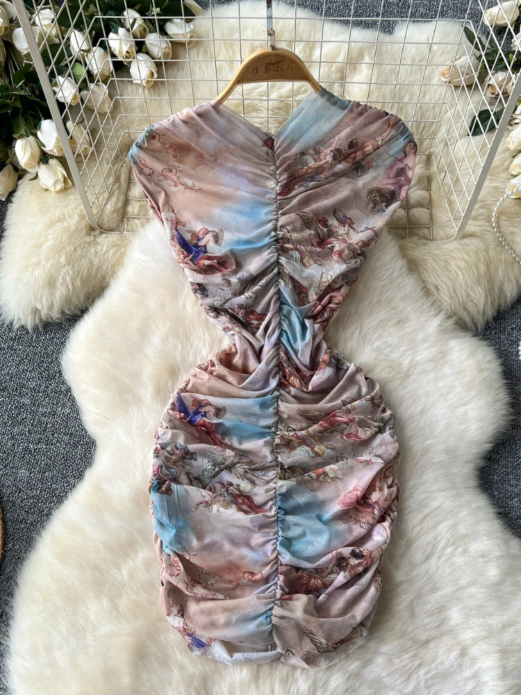 Elegant Ruched Renaissance Print Bodycon Dress on Luulla