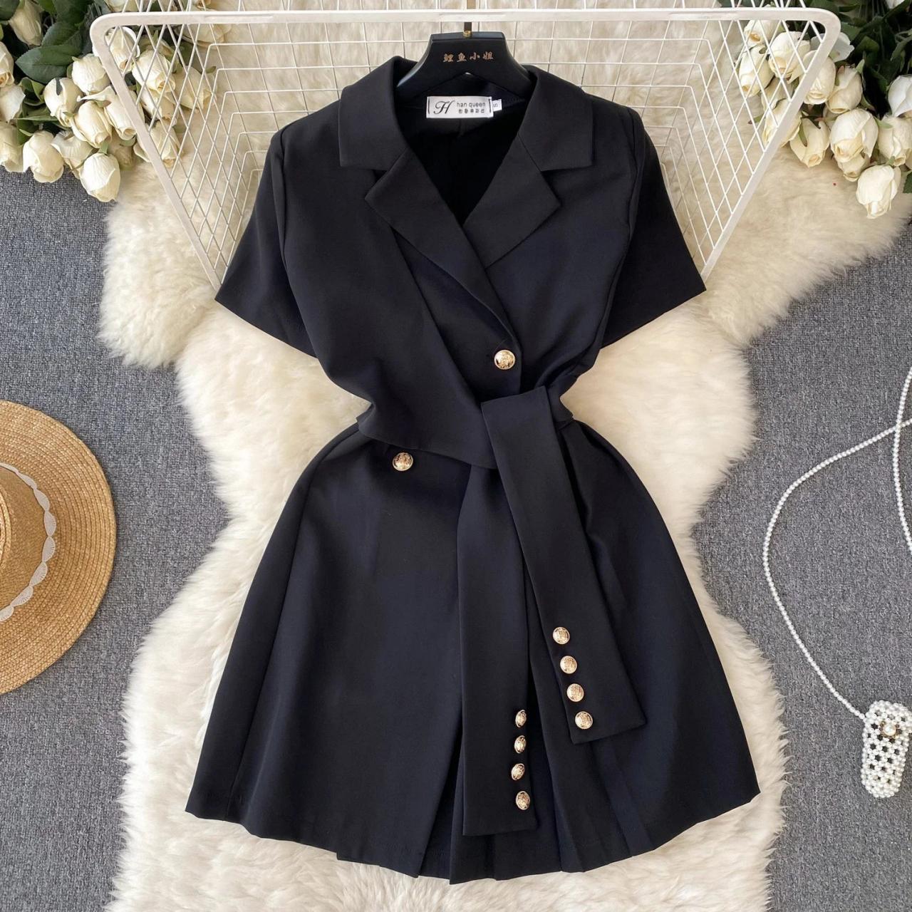 Elegant Black Short-sleeve Button-up Dress on Luulla