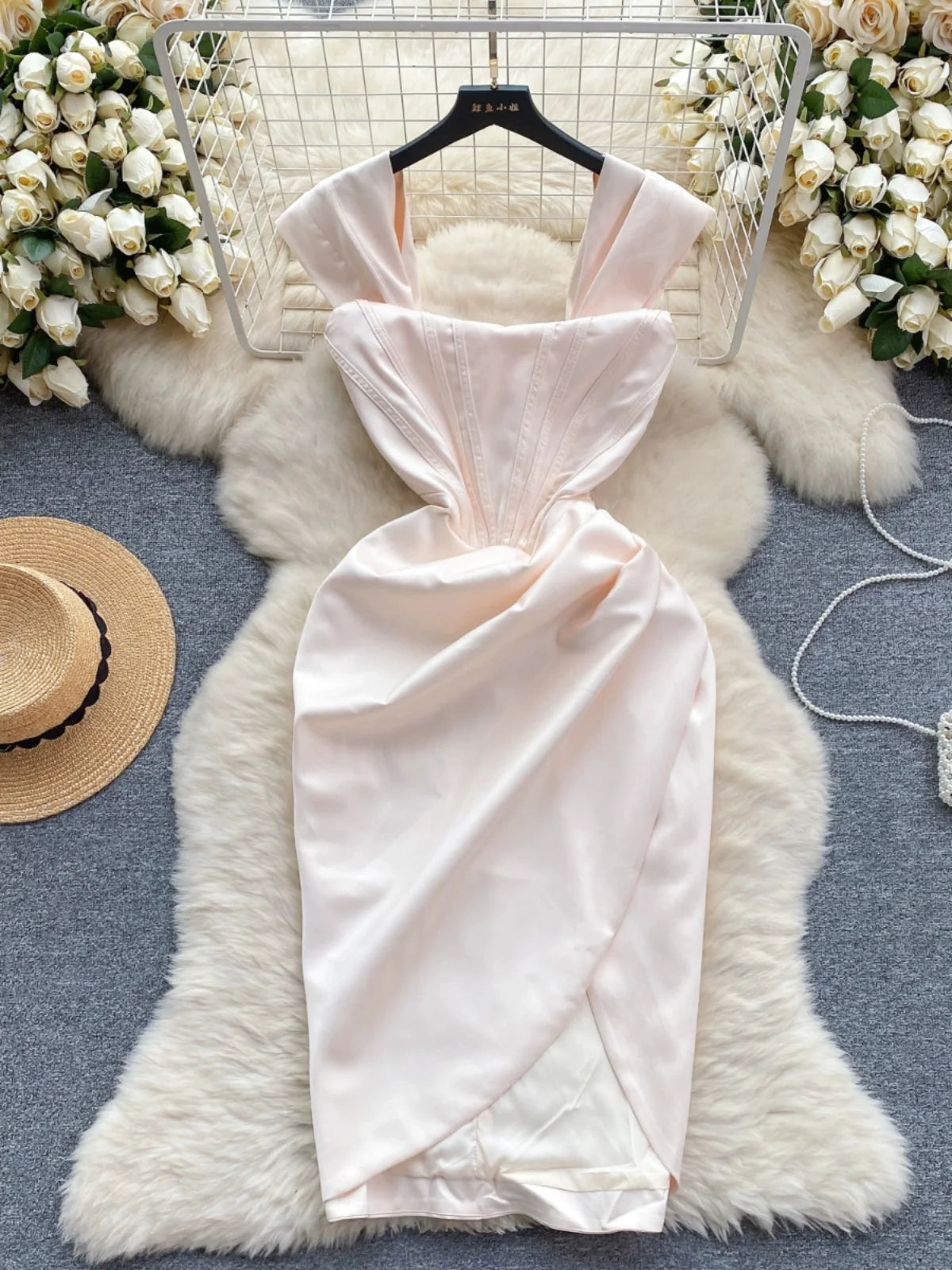 Off Shoulder Satin Cocktail Dress Pearl Pink main image 0