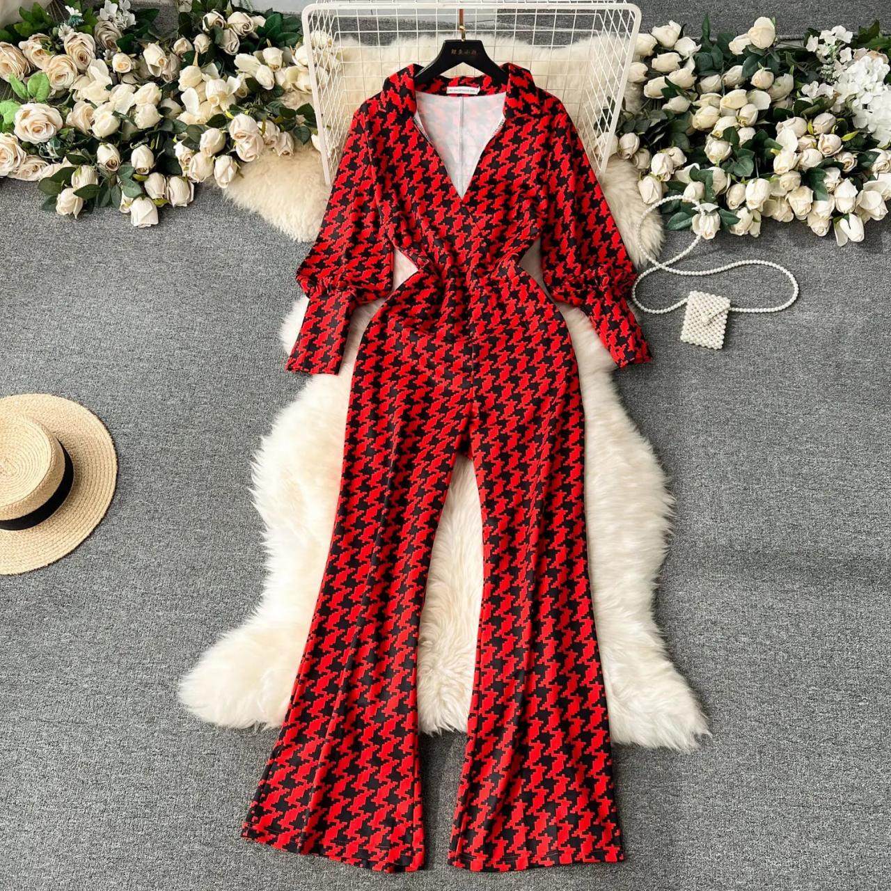Casual Couture Stylish Red and Black Houndstooth Jumpsuit Outfit