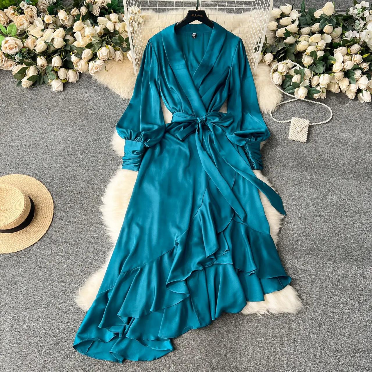 Teal satin wrap dress outlet