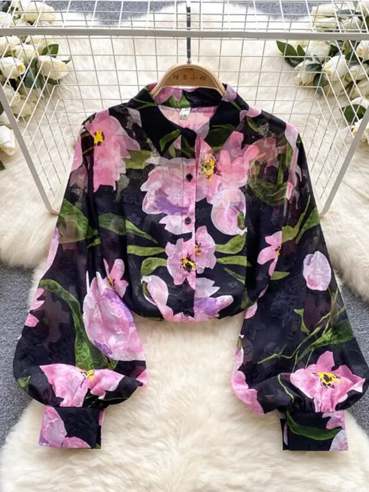 Elegant Women's blue floral print blouse