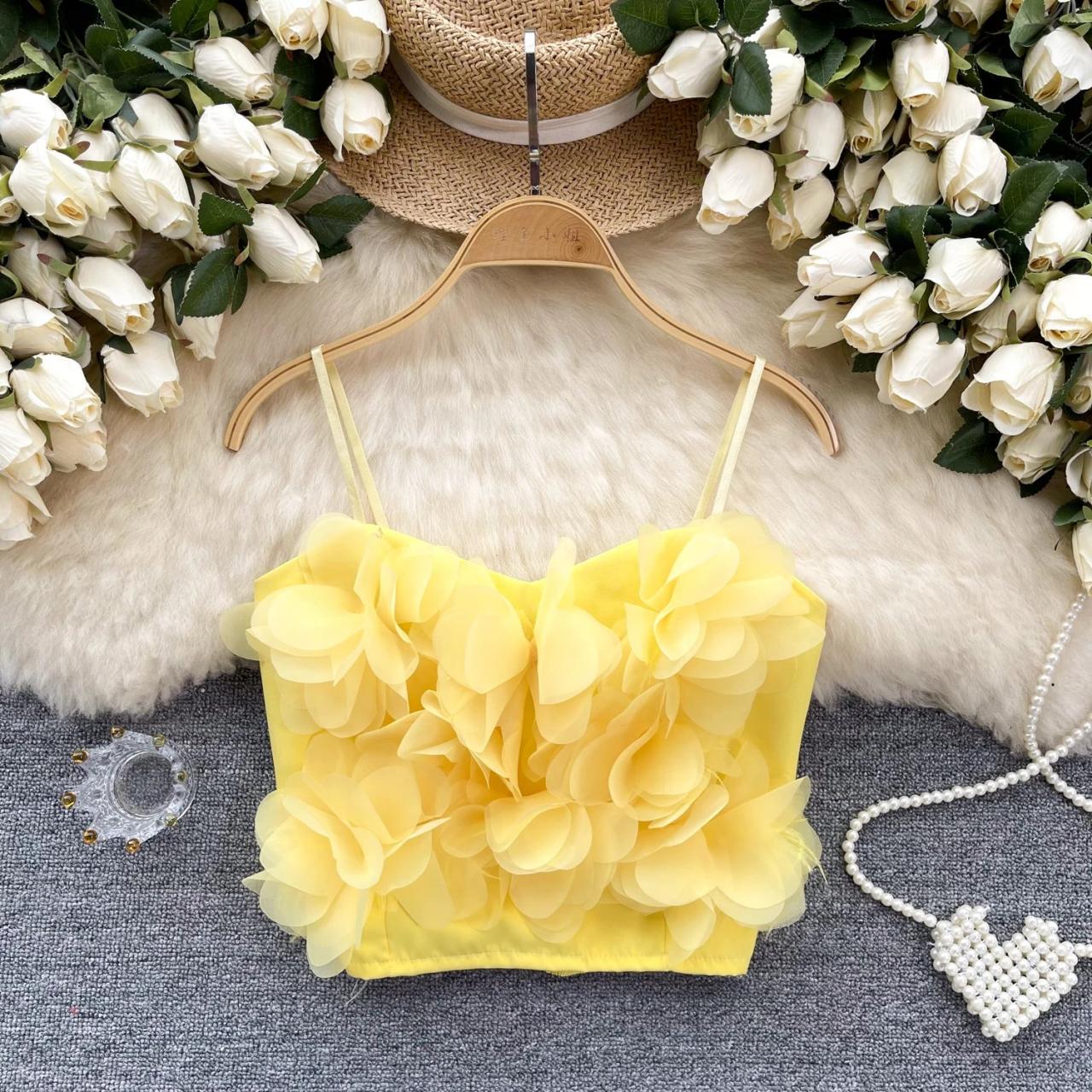 Yellow Floral 3d Petal Crop Top Blouse on Luulla