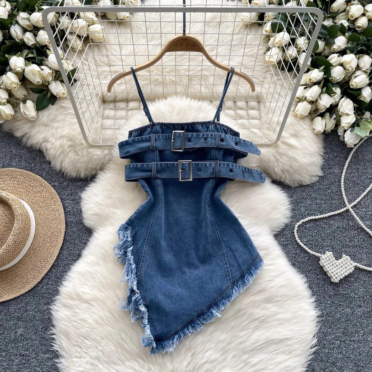 white christmas dresses Women's Piece Dyed Denim Dress with Frayed Hem – Wash Lab – washlabshop main image 1