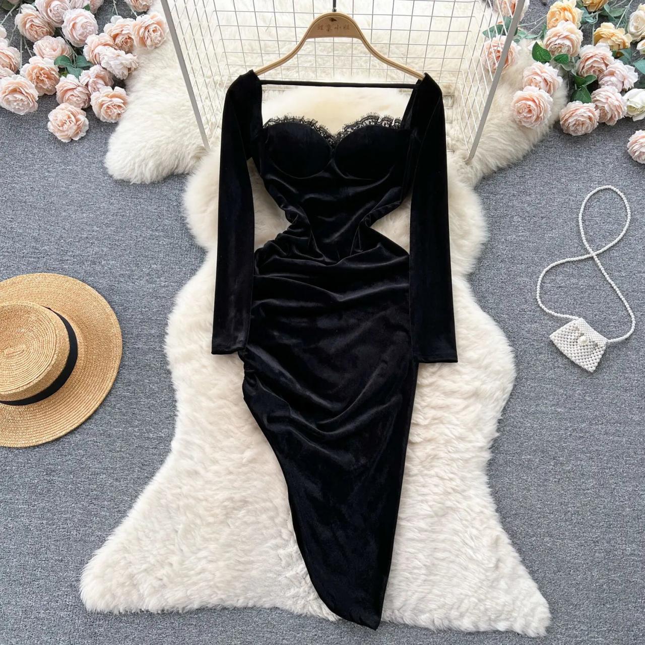 knee length dresses for ladies Zapaka Women Black Cocktail Dress Velvet Long Sleeve Bodycon Party Dress, Black / US20W main image 0