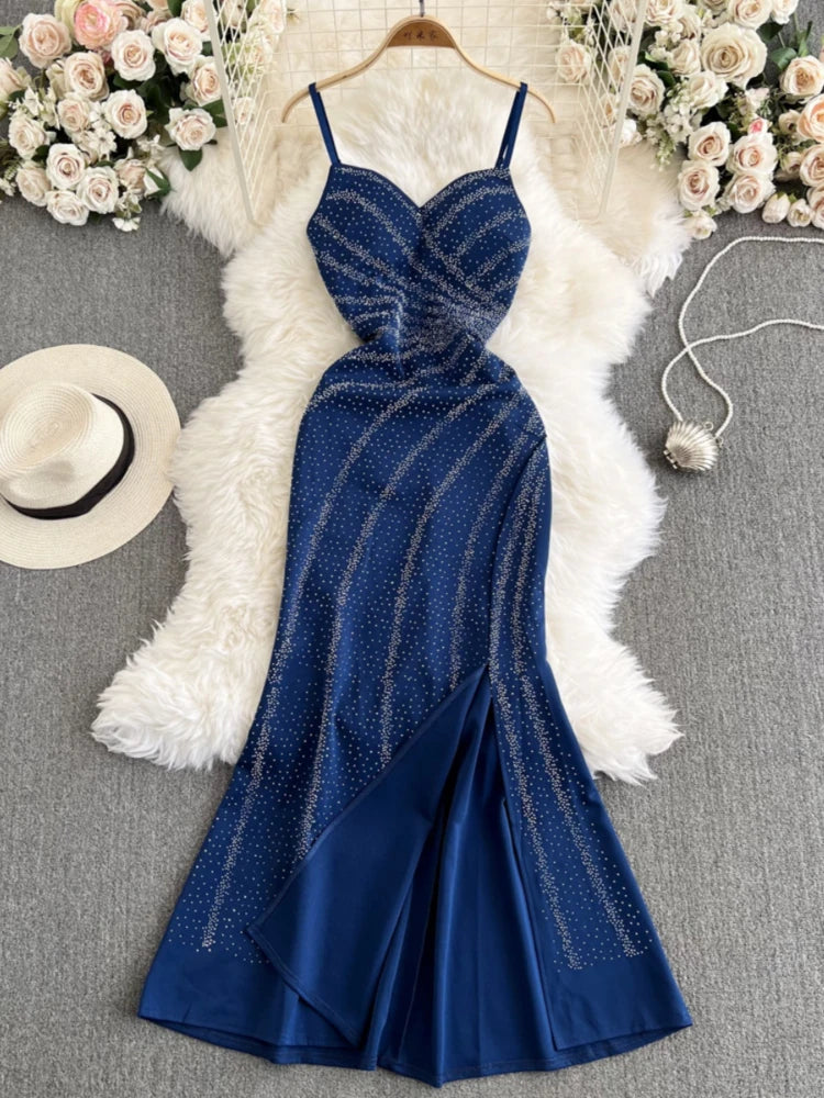Casual Couture Elegant Navy Blue Rhinestone Evening Gown Dress