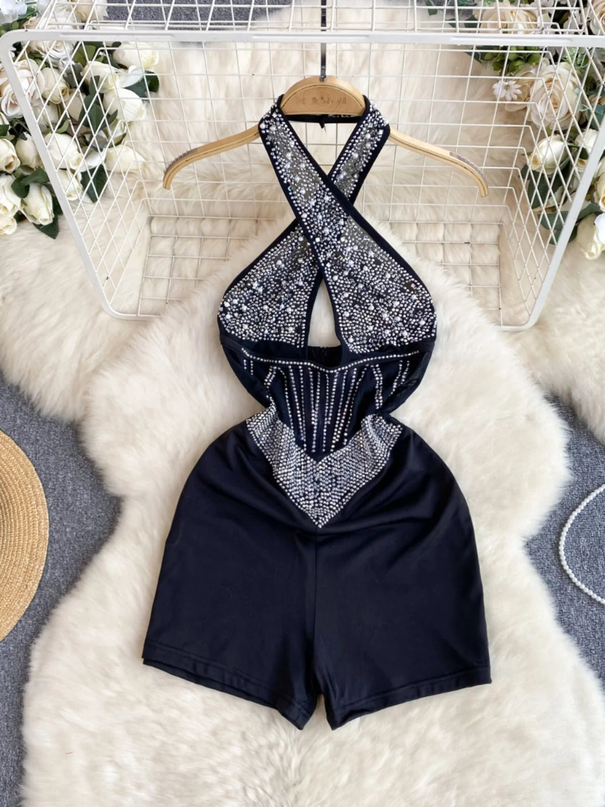 Sparkling Black Sequin Halter Neck Romper