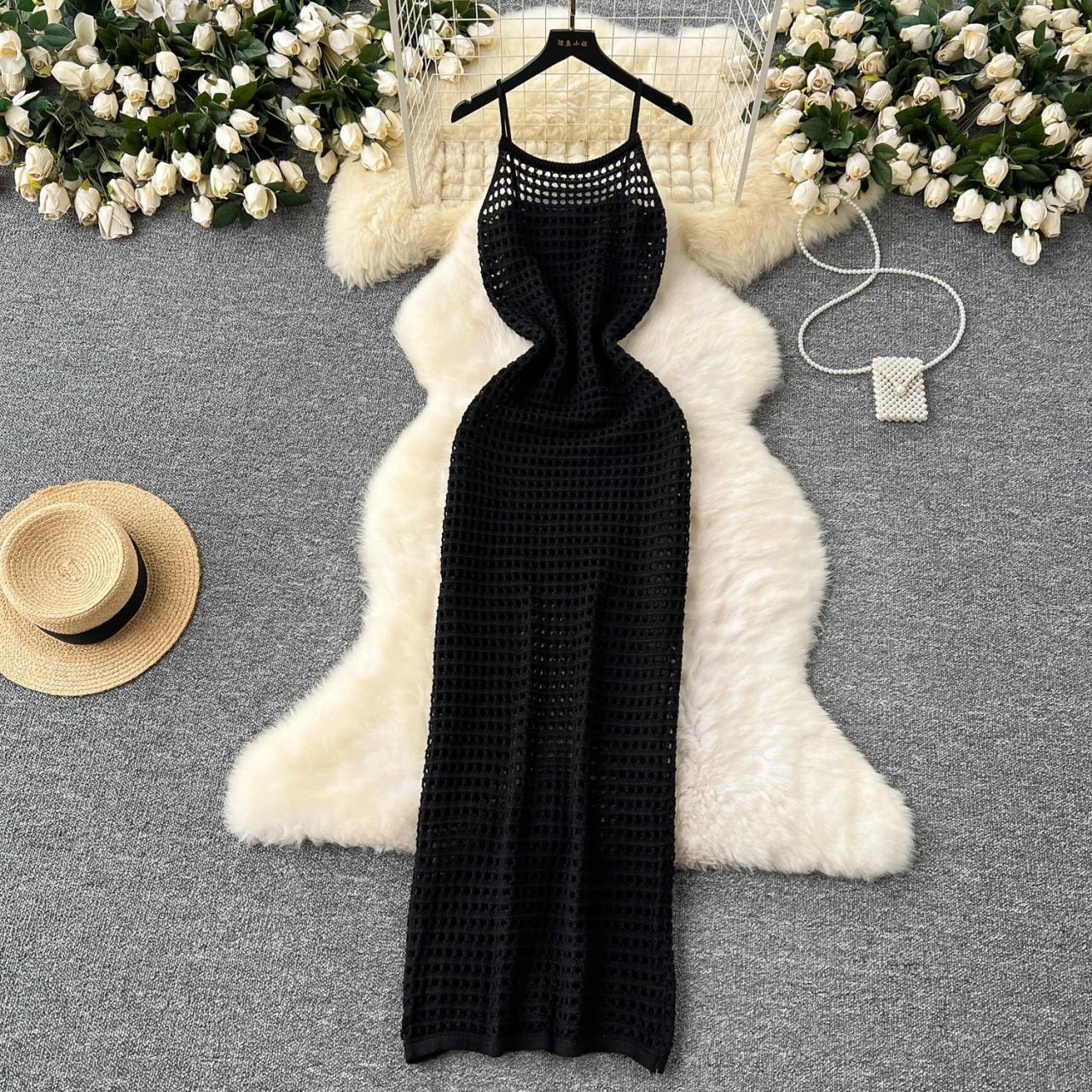 Pink Sleeveless Knit Mesh Maxi Beach Dress on Luulla