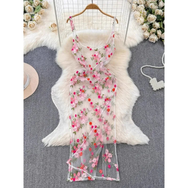 knee length dresses for ladies Embroidered Mesh A-Line Long Dress GLGL2979 main image 0