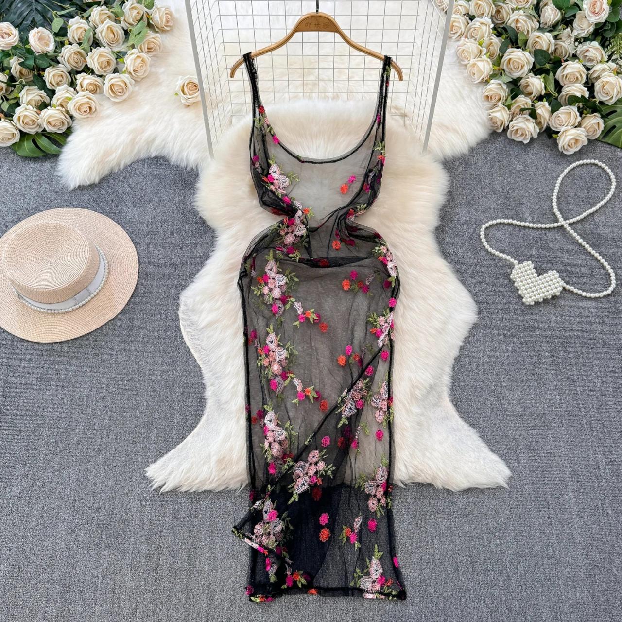 sheer mesh embroidered maxi dress Embroidered Mesh Maxi Dress