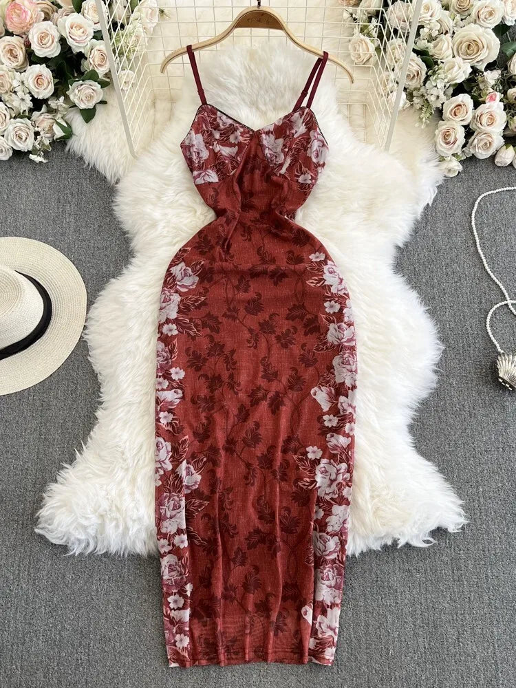 Floral Print Spaghetti Strap Bodycon Midi Dress