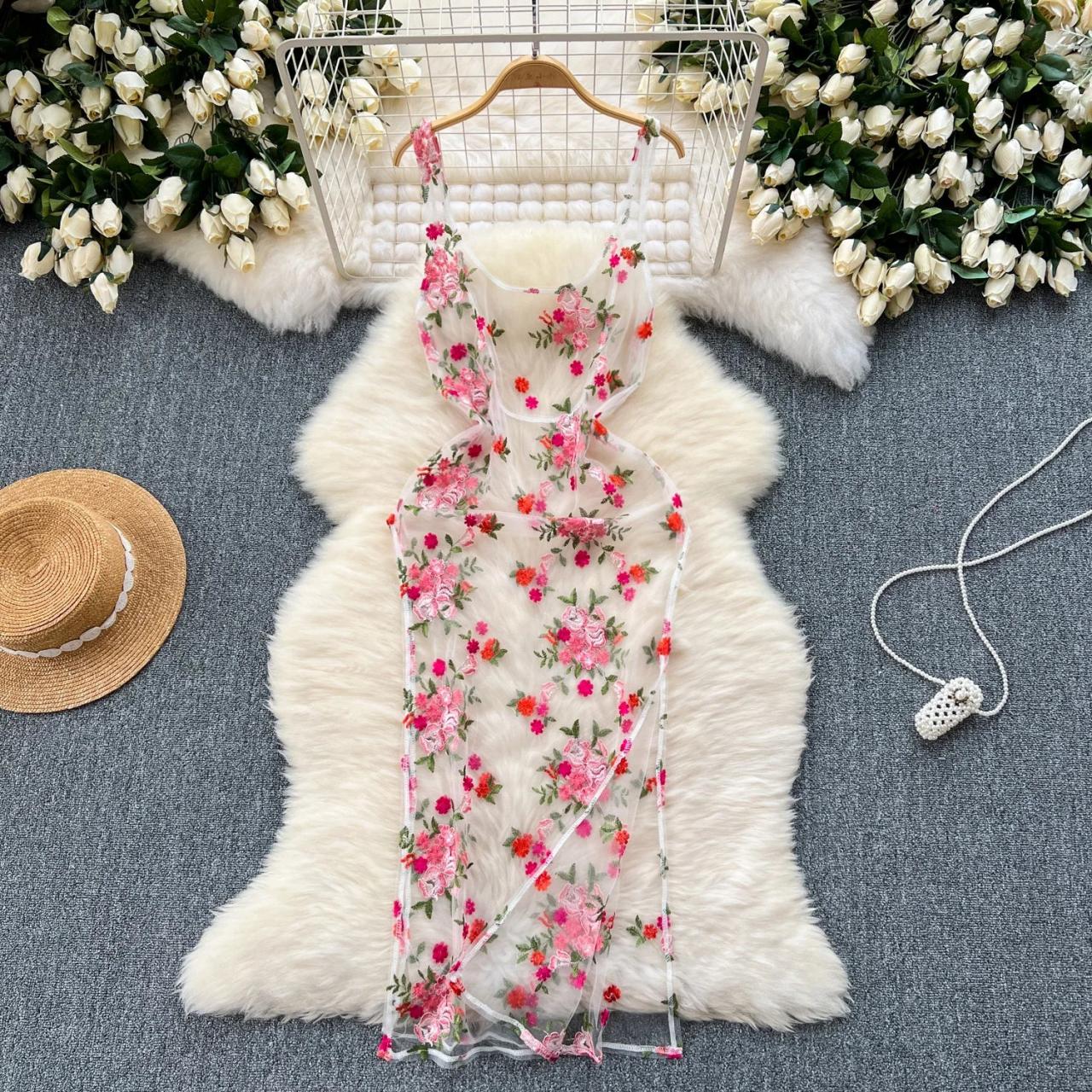 knee length dresses for ladies Camel Floral Mesh Overlay Lace Trim Maxi Dress – PinkBlush main image 1