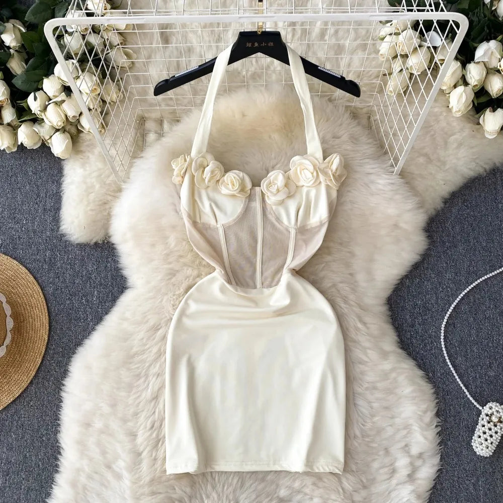 Elegant Halter Floral White Bodycon Dress on Luulla