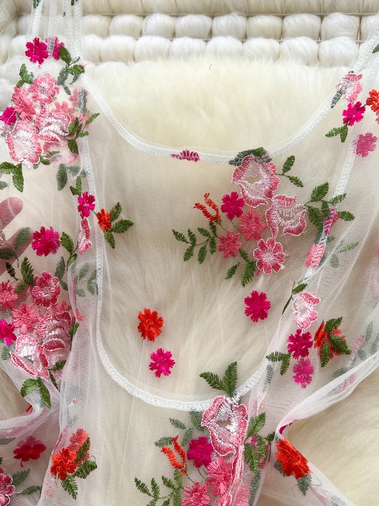 ❀ℳ's Gracy❀Check× Flower Sheer Dress Flower pattern Embroidery Dress | msgracy
