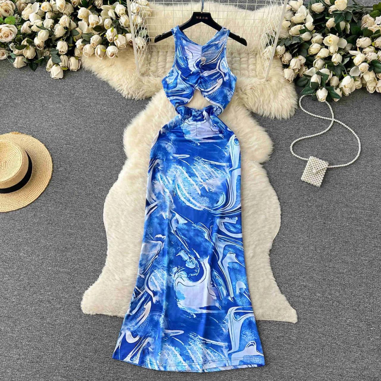 Elegant Blue Marble Pattern Cutout Maxi Dress