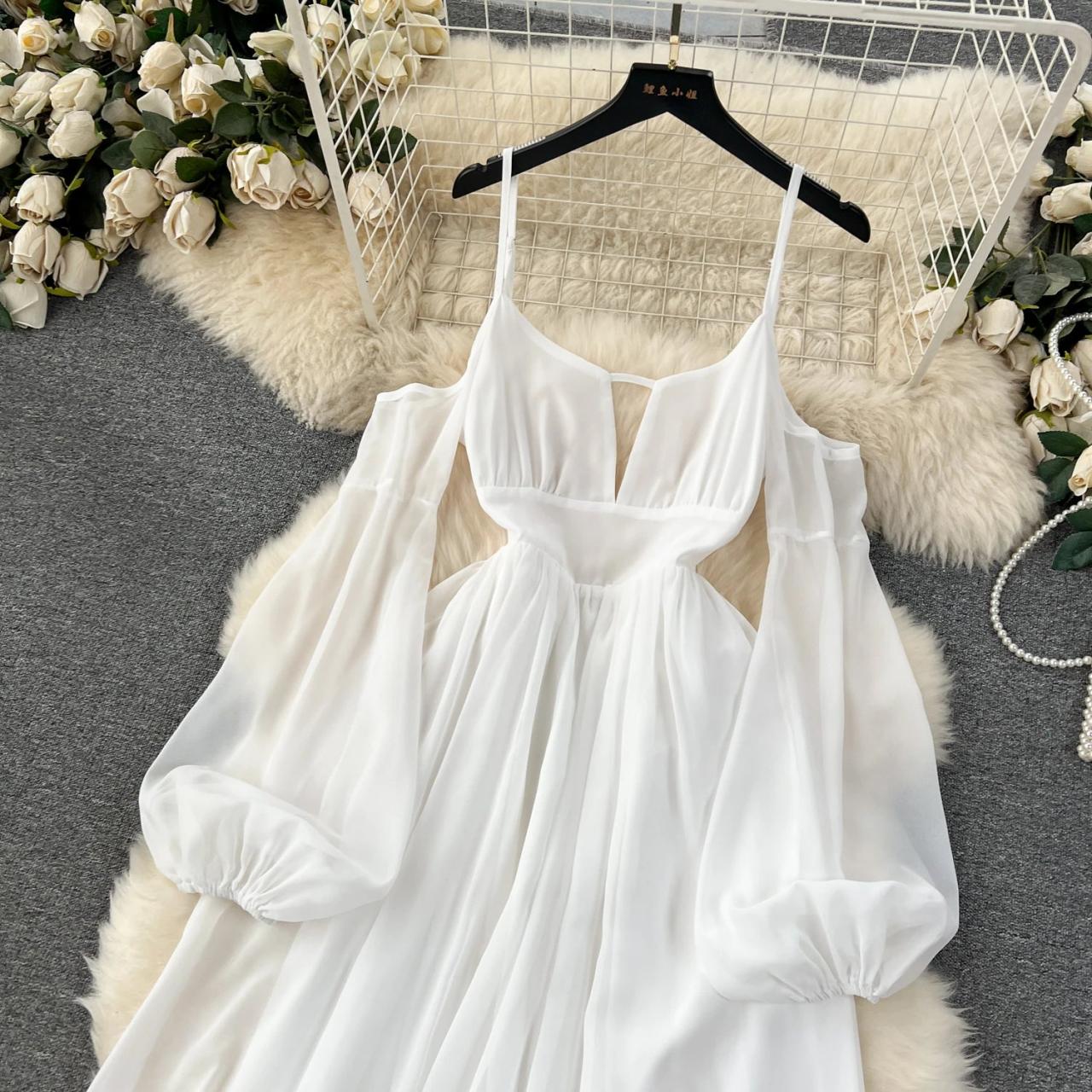 Elegant White Flowing Maxi Dress with Sleeves