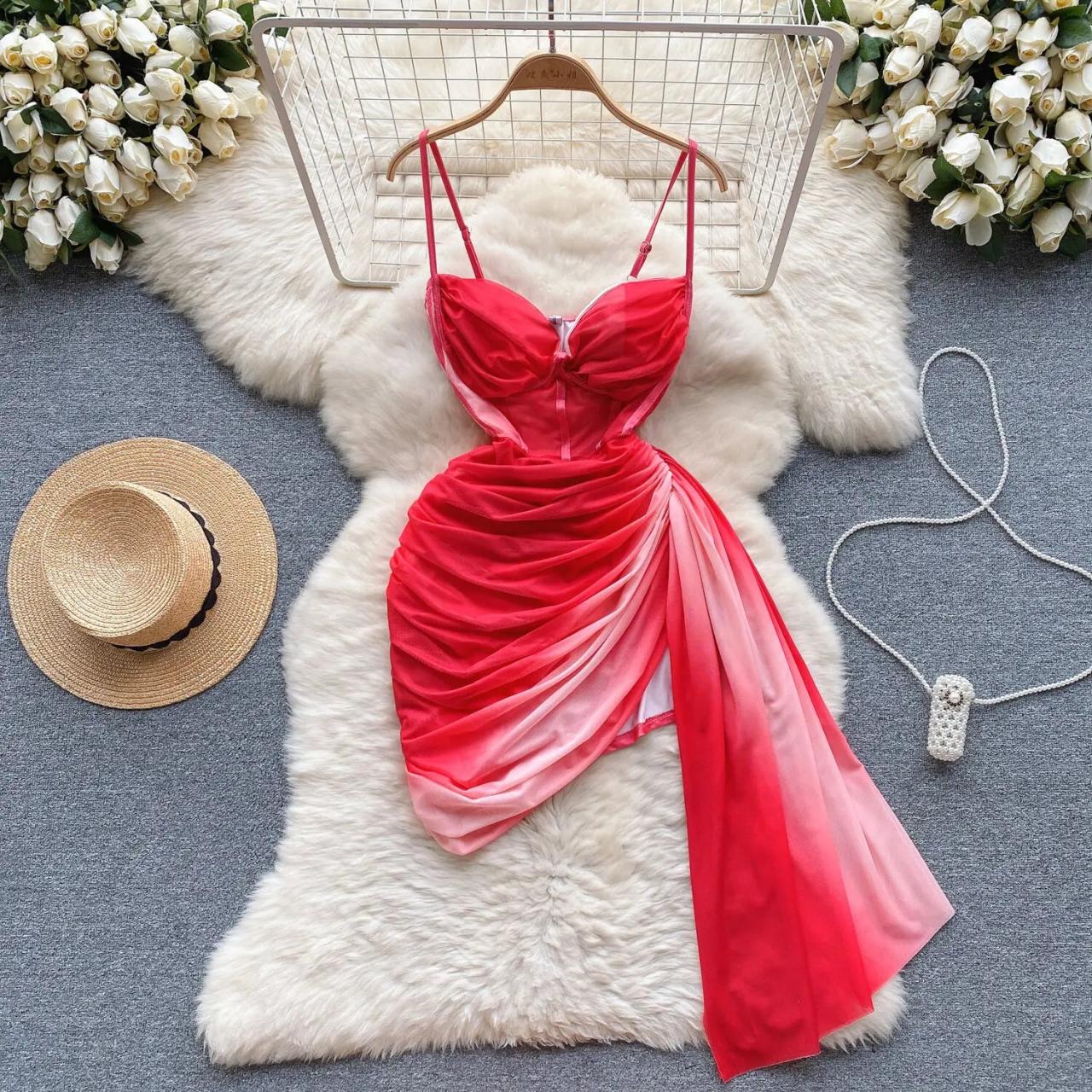 strapless open back dress Charming V Neck Deep Slit Red Prom Dresses, Red Formal Dresses, Red Evening  Dresses