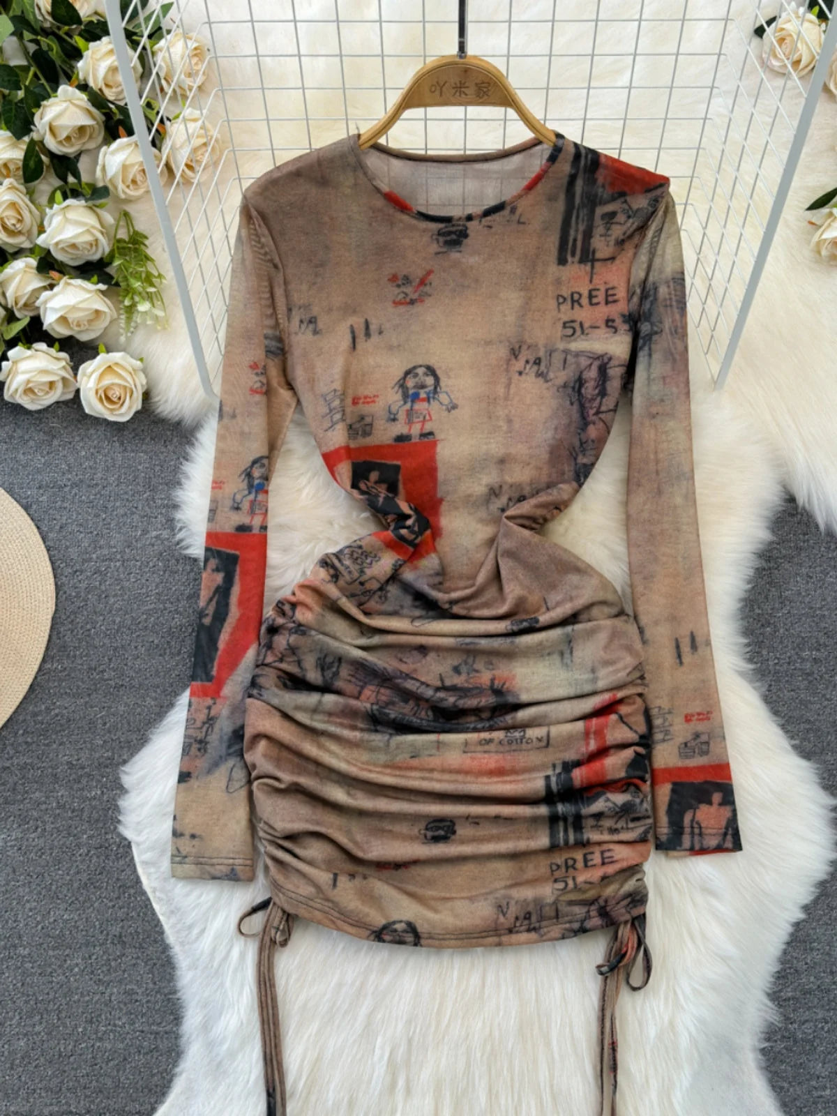 Vintage Patterned Long Sleeve Ruched Bodycon Dress