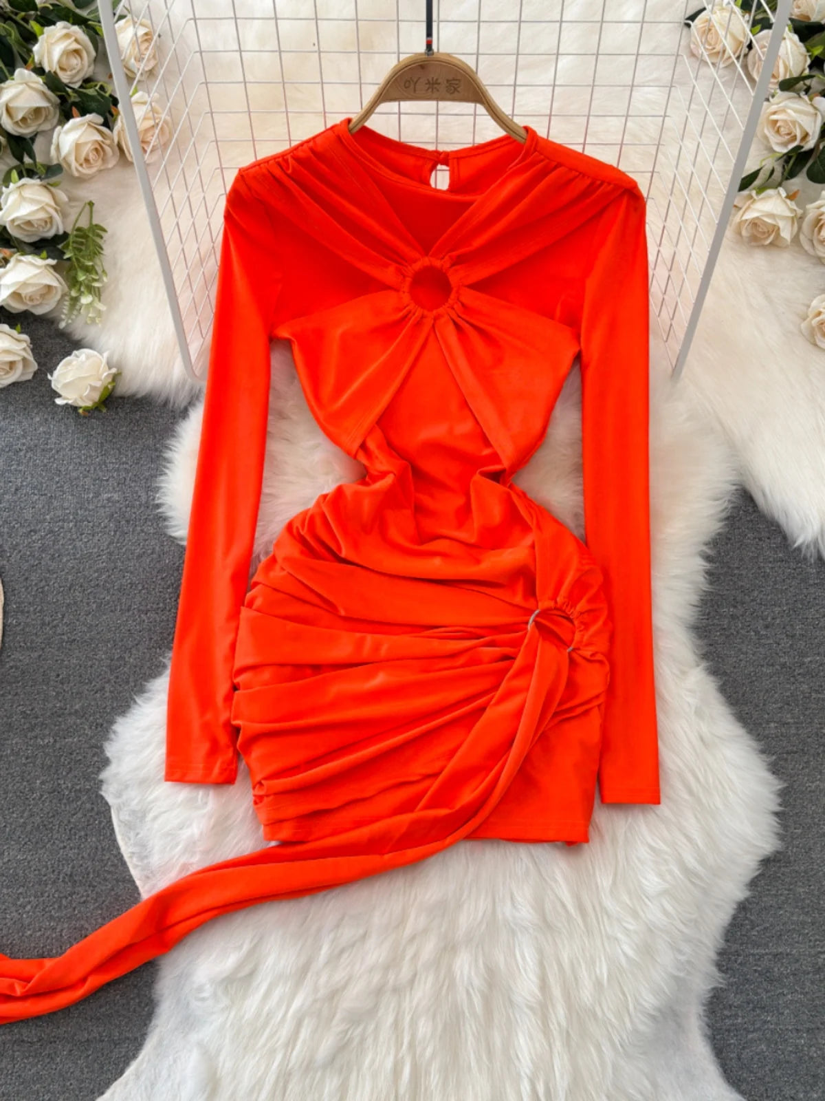 orange ruched dress long sleeve Ruched Long Sleeve Bodycon Mini Dress