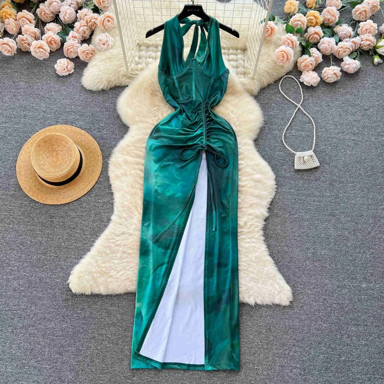 slim fit dress slacks Mac Duggal - Green Strapless Ruched High Low Gown main image 0
