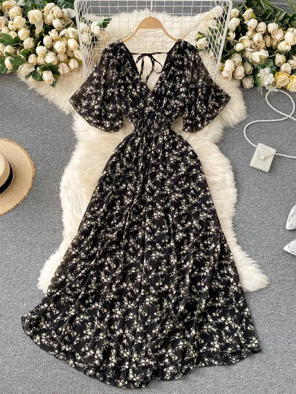 Dressing Room Drama Flared Sleeves Floral Silk Maxi Dress in White