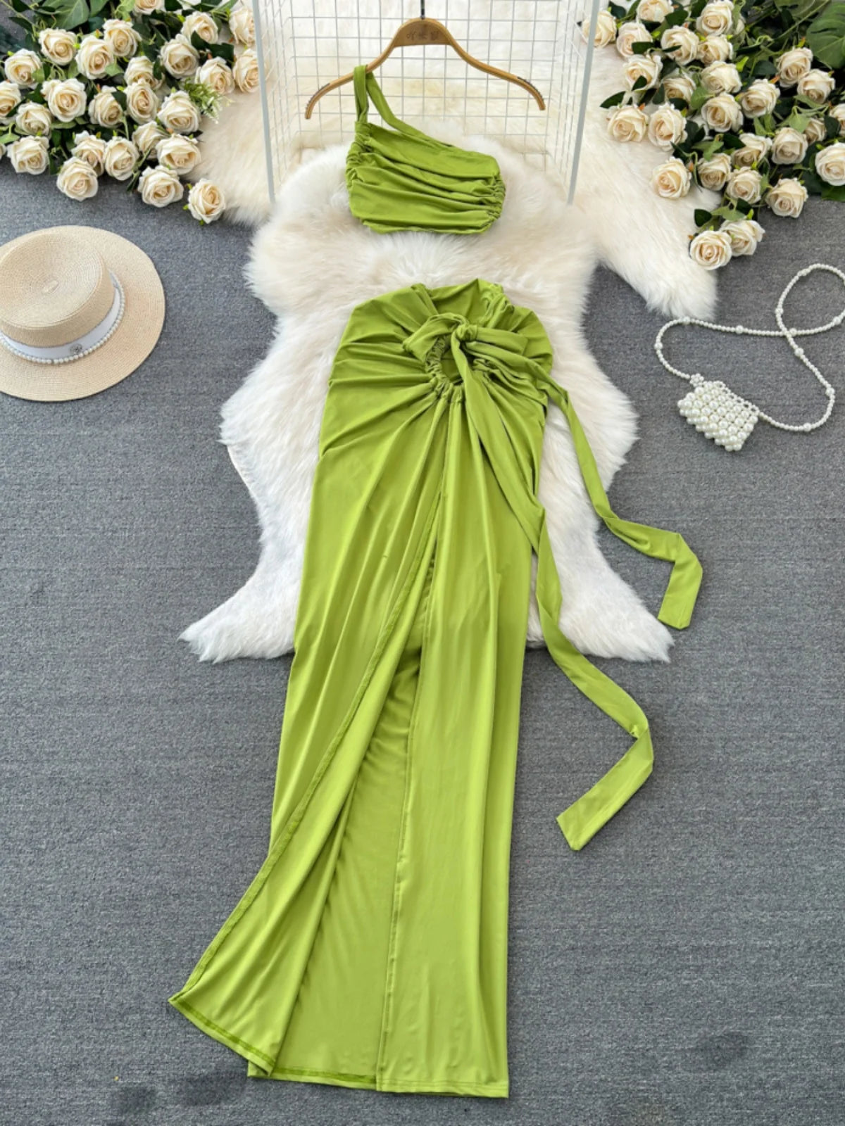 Green Ruched Two-piece Set Elegant Outfit