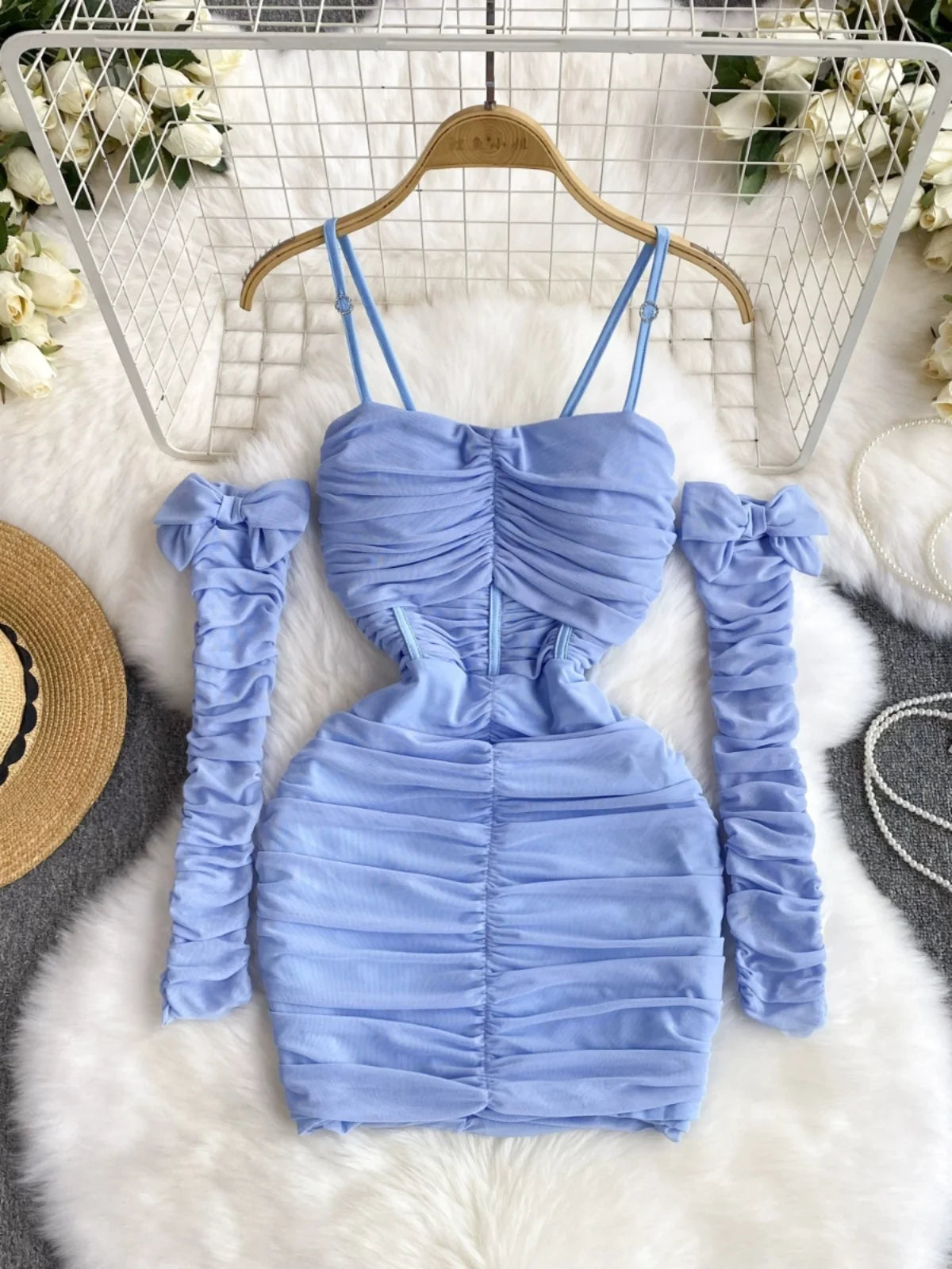 blue ruched mini dress Mona V-Neck Ruched Bodycon Mini Dress