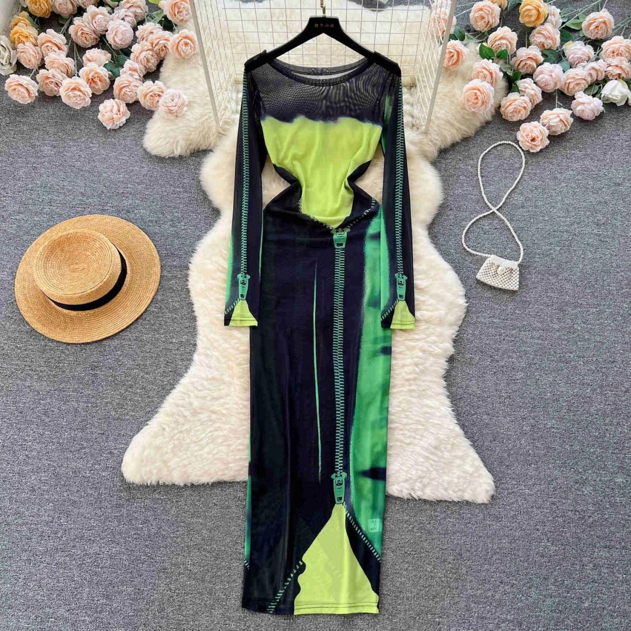 slim fit dress slacks Neon green PVC and black tulle asymmetrical draped mini dress main image 1