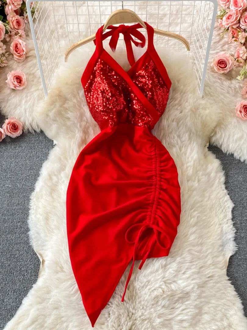 Red Sequin Ruched Halter Party Dress
