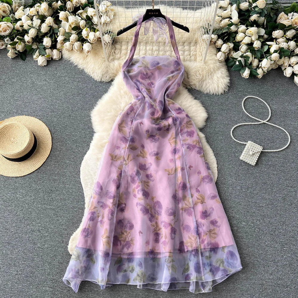 Elegant Lavender Floral Halter Neck Midi Dress