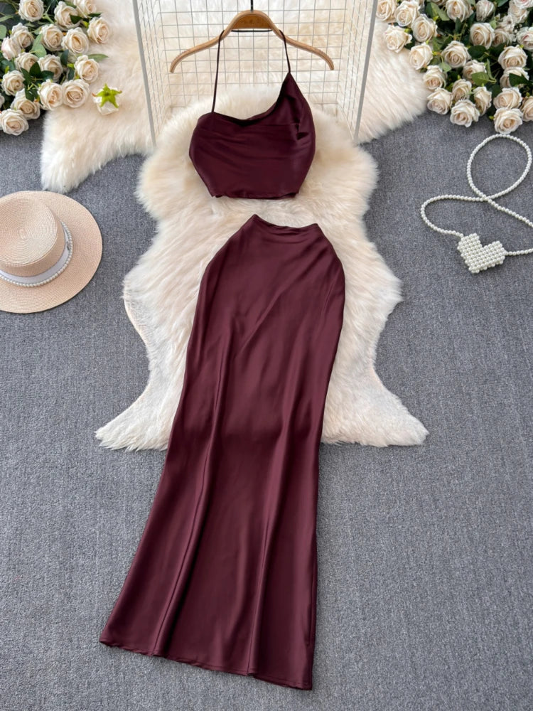 Elegant Maroon Two-piece Satin Maxi Dress on Luulla