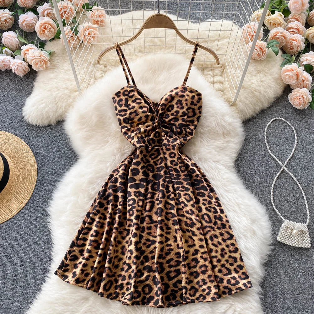 Leopard Print Sleeveless V-Neck A-Line Dress
