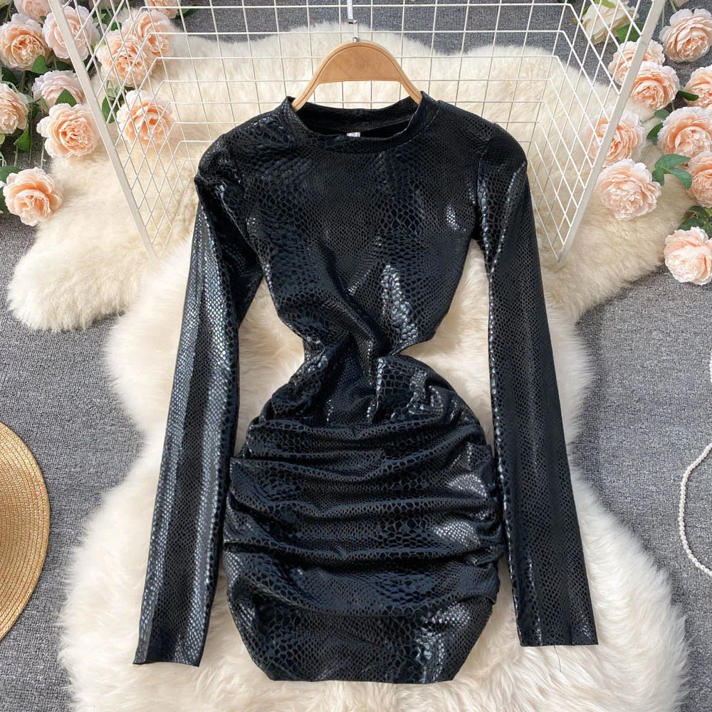 knee length dresses for ladies Black Faux Leather Collared Short Sleeve Belted Jacket Dress
