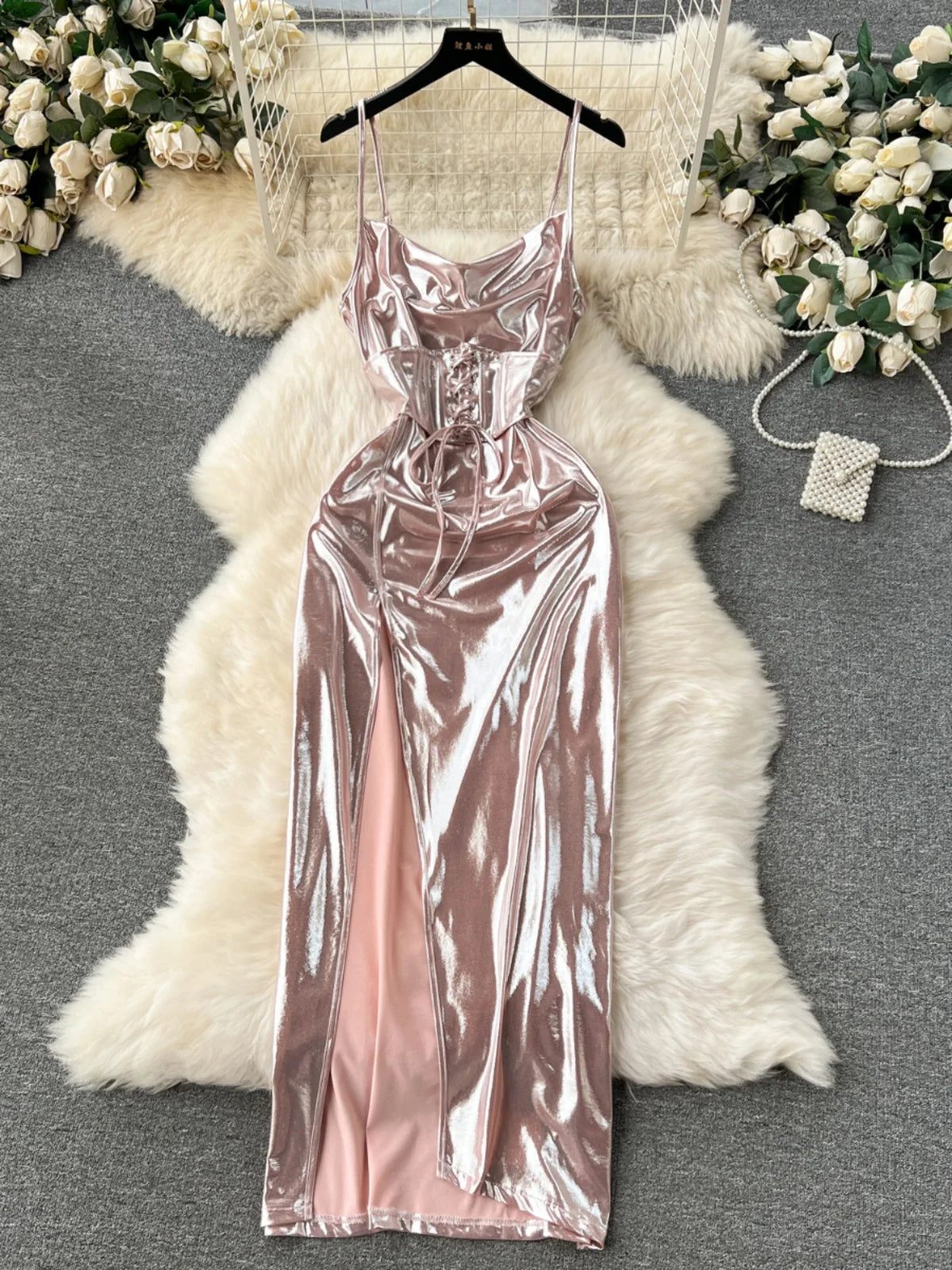 metallic rose gold dress Berylove Women Rose Gold Formal Dress With Slit Sequin Mermaid Cut Out Deep V-Neck Spaghetti Straps Long Formal Wear Dress, Rose Pink / US18W