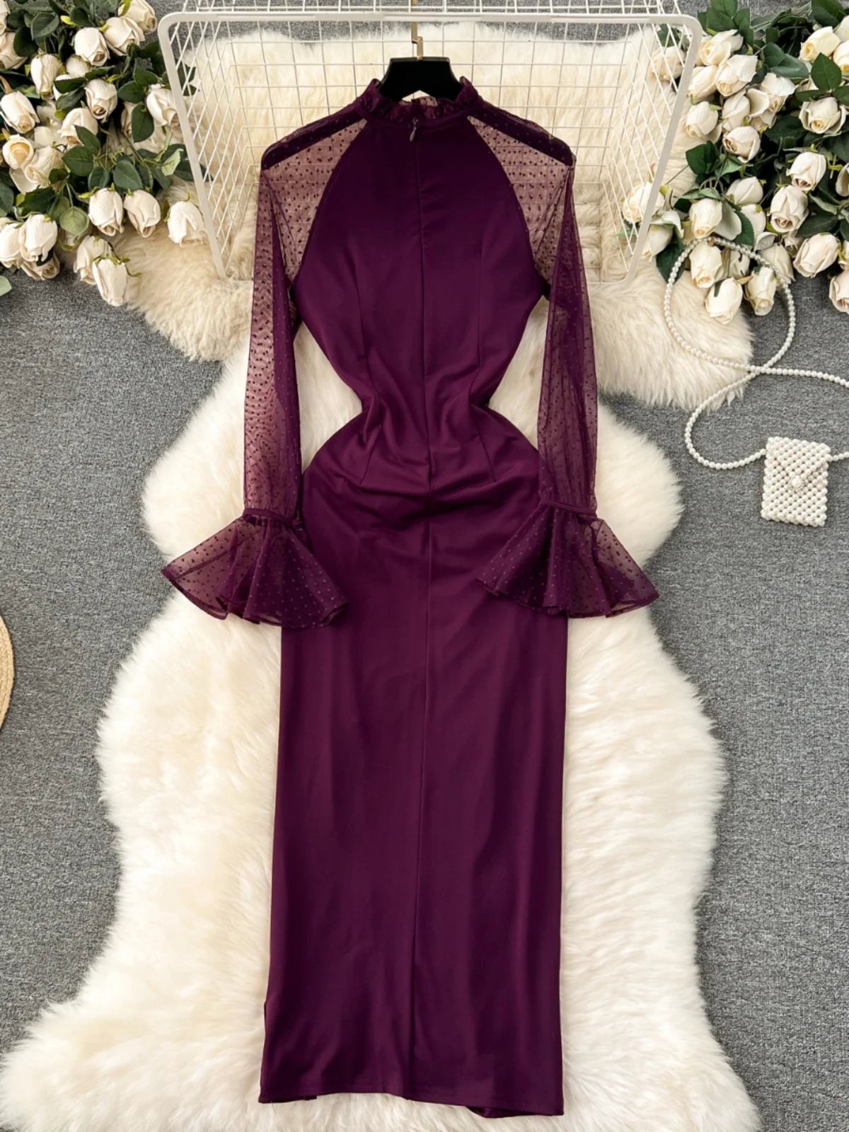 Elegant Plum Long Sleeve Ruched Bodycon Dress on Luulla