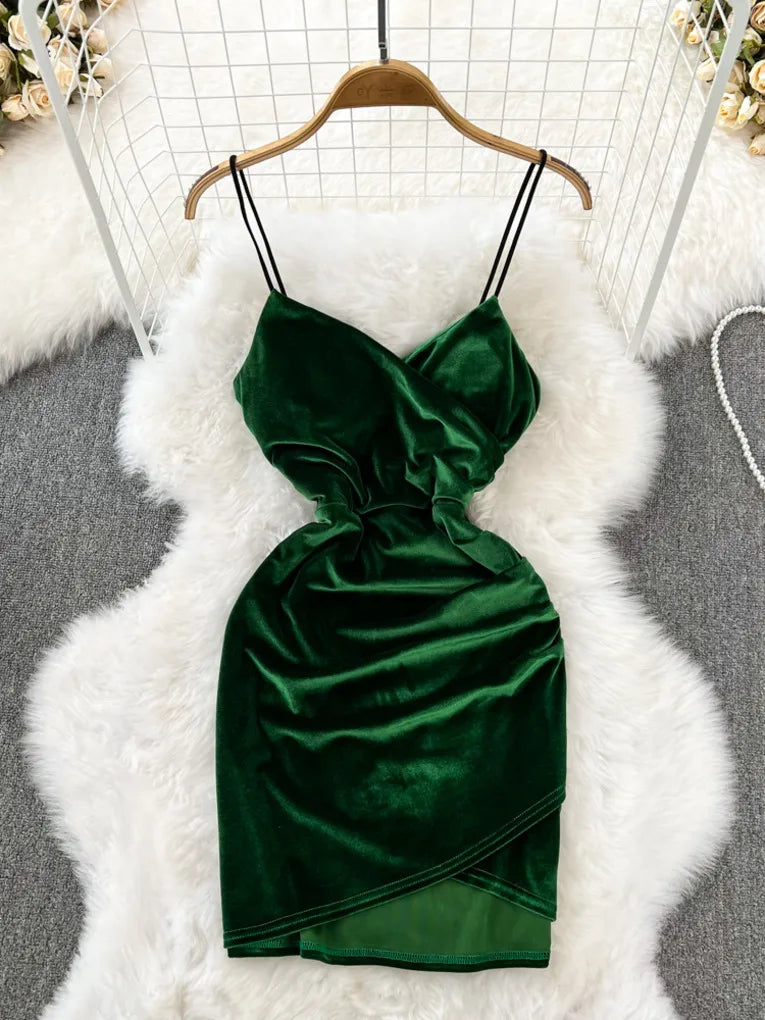 Elegant Green Velvet Spaghetti Strap Bodycon Dress on Luulla