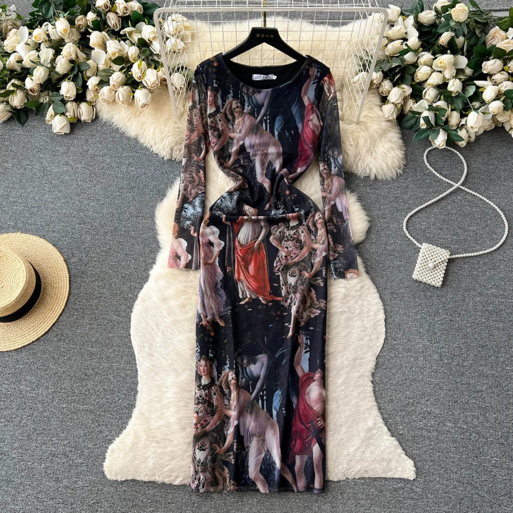 Artistic Print Long Sleeve Maxi Bodycon Dress