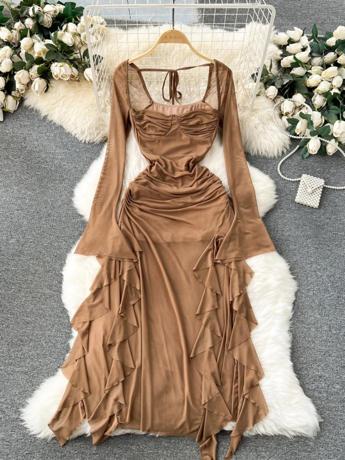 Elegant Brown Long Sleeve Ruffle Evening Gown