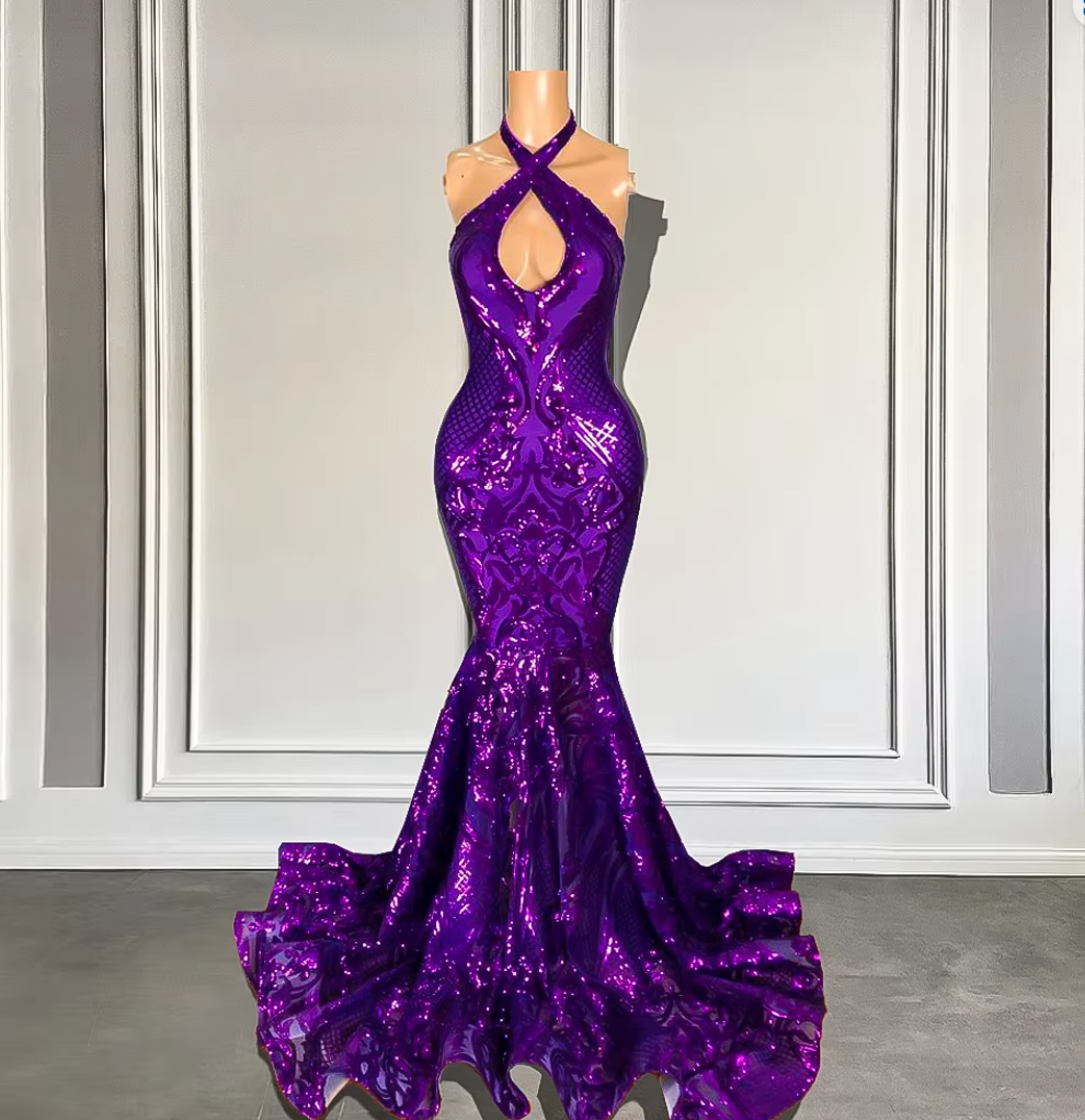 Elegant Mermaid Style Halter Sleeveless Sparkly Purple Sequined Black Girls Long Prom Dresses 2024 for Teenagers