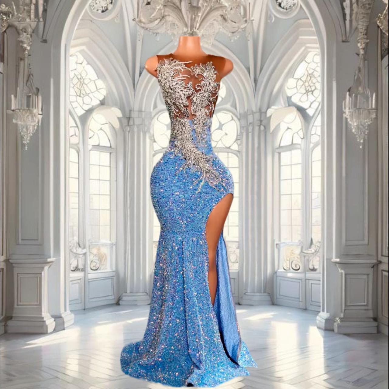Light Blue Sequin Long Prom Dress 2025 with Slit Luxury Sparkly Beaded Crystal Black Girl Mermaid Style Prom Gowns