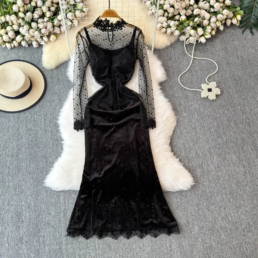 black velvet dress with sheer sleeves Yumi Black Velvet Dress With Sheer Long Sleeves main image 1