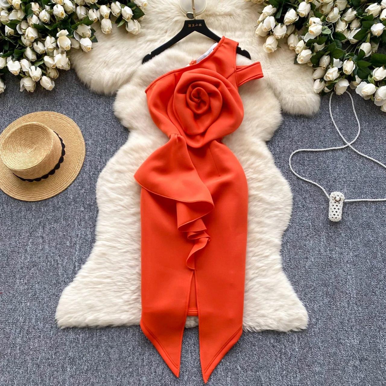 rosette formal dress red Straps Rosette Red A-Line Slit Long Prom Dress – FancyVestido