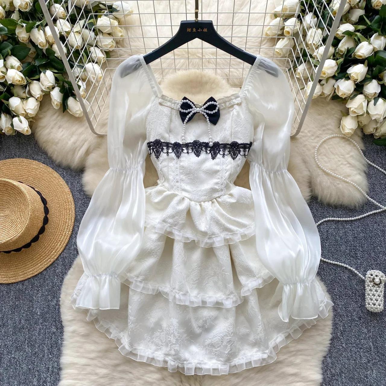 Vintage White Lace Dress With Puffy Sleeves