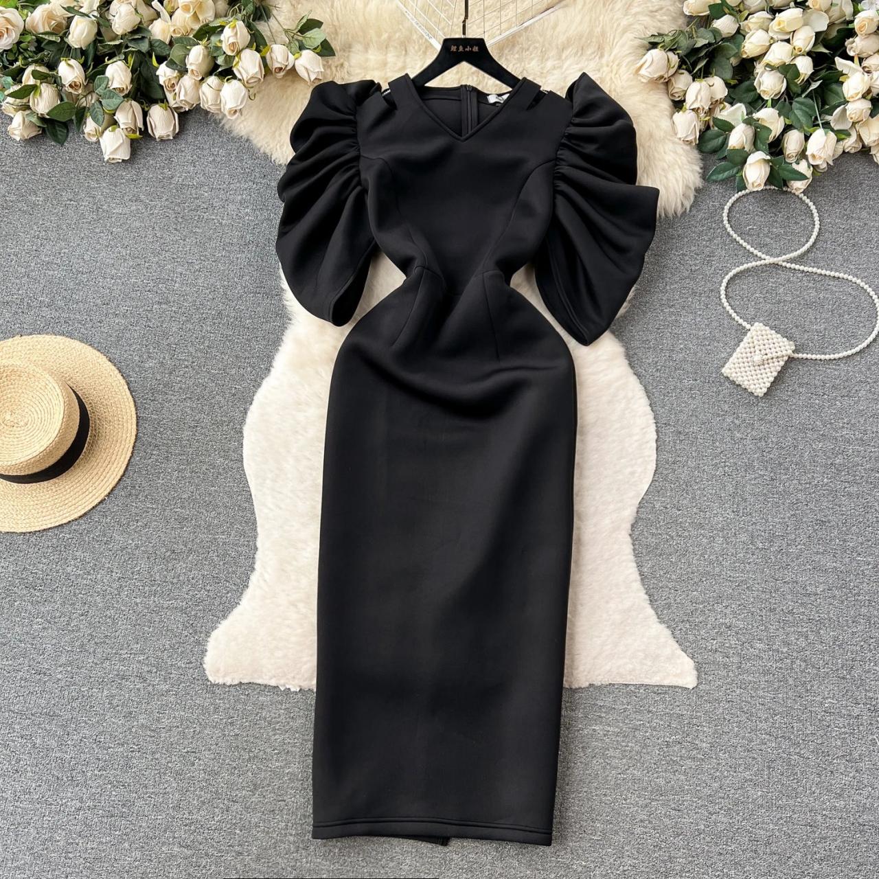 Black Midi Dress With Dramatic Puff Sleeves on Luulla