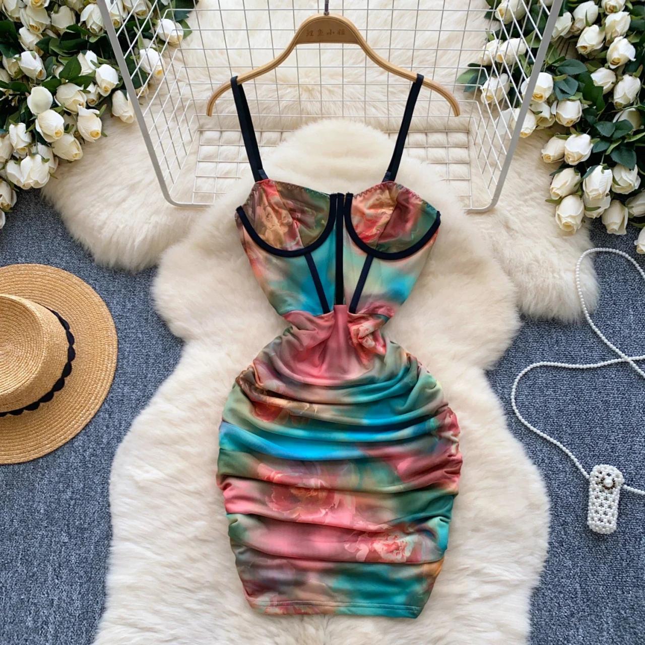 Vibrant Tie-dye Bodycon Dress With Adjustable Straps on Luulla