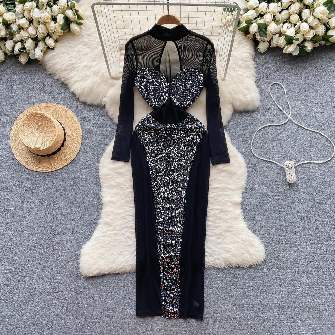 Sequin Mesh Bodycon Dress With Long Sleeves