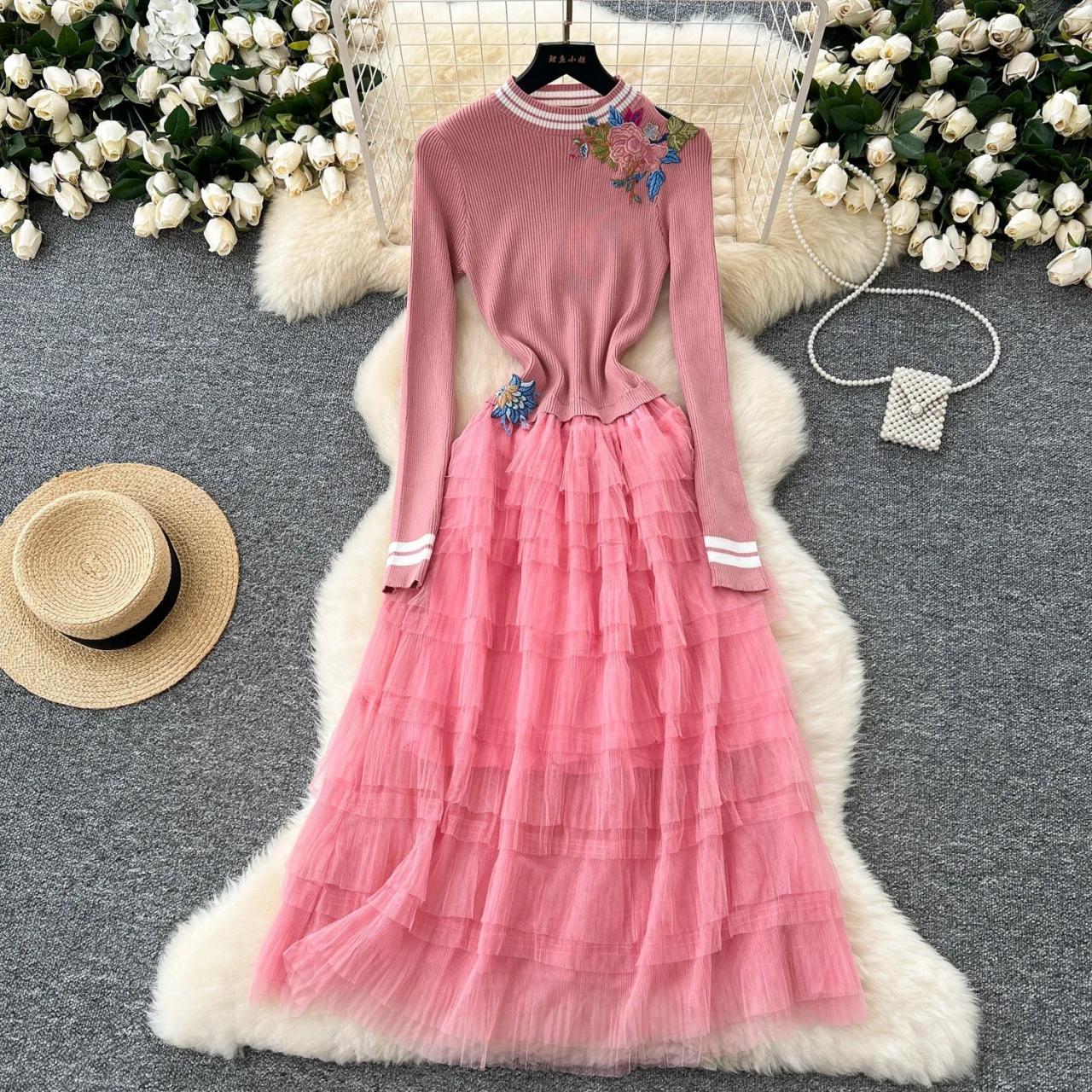 Floral Long-sleeve Dress With Tiered Tulle Skirt on Luulla