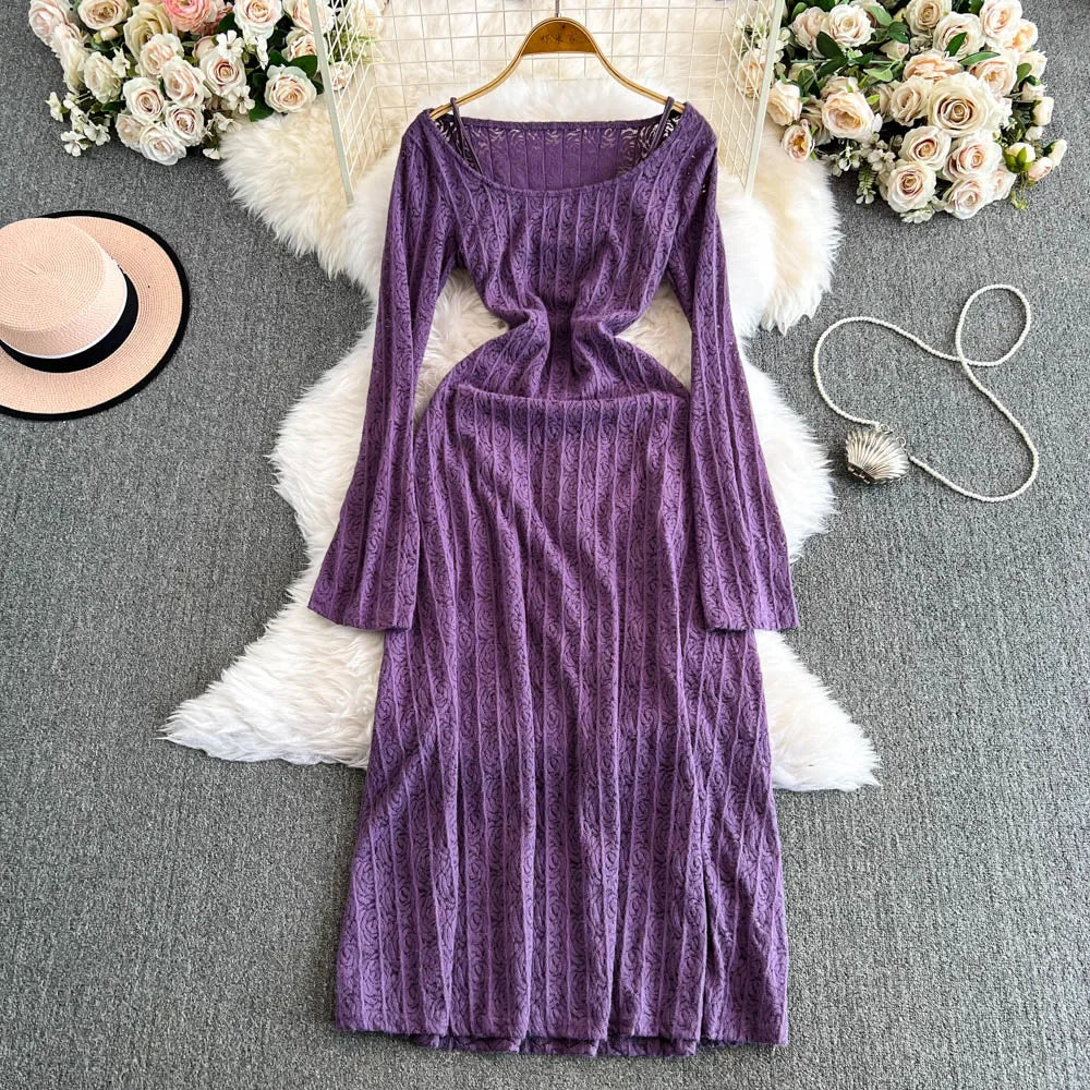 Violet Ribbed Long Sleeve Knit Midi Dress